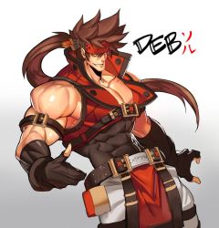 Rule 34 | 1boy, bara, bare shoulders, belt buckle, brown hair, buckle, covered abs, cowboy shot, fingerless gloves, gloves, guilty gear, harness, headgear, large pectorals, long hair, male focus, muscular, muscular male, na insoo, open clothes, pectorals, pelvic curtain, ponytail, revision, shiny skin, simple background, sleeveless, sol badguy, solo, spiked hair, thumbs up, tight clothes, yellow eyes