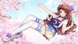 Rule 34 | 1girl, blob, brown eyes, brown hair, centi (nimu), cherry blossoms, choker, dress, gradient dress, hair ornament, highres, indie virtual youtuber, long hair, md5 mismatch, nimu (vtuber), off shoulder, petals, resolution mismatch, smile, solo, source smaller, star (symbol), starry sky print, thighhighs, virtual youtuber, white thighhighs