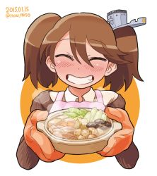 Rule 34 | 1girl, ^ ^, apron, blush, brown hair, brown sweater, closed eyes, collared shirt, commentary request, cropped torso, dated, dot nose, facing viewer, fang, food, grin, hair between eyes, hands up, happy, head tilt, headgear, holding, holding food, kantai collection, noumiso, off shoulder, oven mitts, parted bangs, pink apron, raised eyebrows, ryuujou (kancolle), shirt, short hair, short twintails, simple background, smile, solo, steam, sweater, swept bangs, teeth, twintails, twitter username, upper body, white background, wing collar