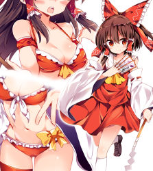 Rule 34 | 1girl, ascot, bare shoulders, between fingers, bikini, blush, bow, breasts, brown hair, cleavage, collarbone, commentary request, detached sleeves, frills, gohei, hair bow, hair tubes, hakurei reimu, highres, holding, kneehighs, long sleeves, looking at viewer, maturiuta sorato, medium breasts, midriff, multiple views, ofuda, open mouth, red bikini, red bow, red eyes, red shirt, red skirt, shirt, shoes, simple background, skirt, sleeveless, sleeveless shirt, smile, socks, swimsuit, thighs, touhou, white background, white socks, wide sleeves, yellow ascot, yellow bow