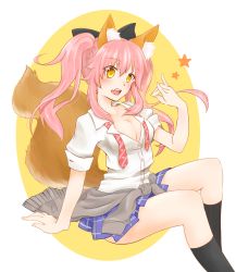 Rule 34 | 10s, 1girl, alternate hairstyle, animal ear fluff, animal ears, black legwear, blush, breasts, cleavage, fang, fate/extella, fate/extra, fate (series), fox ears, fox tail, highres, large breasts, long hair, necktie, official alternate costume, open clothes, open mouth, open shirt, pink hair, riku (apple snow27), school uniform, shirt, smile, solo, tail, tamamo (fate), tamamo no mae (fate/extra), tamamo no mae (jk) (fate), twintails, yellow eyes