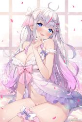 Rule 34 | 1girl, ayamy, blue eyes, blush, breasts, cleavage, hair ribbon, highres, large breasts, lingerie, long hair, looking at viewer, mole, mole on breast, multicolored hair, navel, open mouth, original, ribbon, smile, solo, thick thighs, thighs, underwear, virtual youtuber, yasou toiki