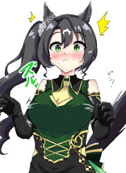 1girl absurdres animal_ears black_hair blush bouncing_breasts breasts closed_mouth commentary_request elbow_gloves gloves green_eyes gryebooks hair_between_eyes hair_ornament highres horse_ears horse_girl horse_tail large_breasts long_hair looking_at_viewer satono_crown_(umamusume) side_ponytail simple_background solo surprised sweat tail umamusume white_background