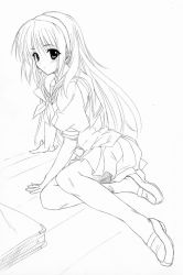 Rule 34 | 1girl, arm support, blush, face, greyscale, highres, lineart, loafers, long hair, looking at viewer, monochrome, oppai kenmin, school uniform, serafuku, shoes, sitting, solo