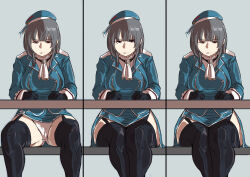 Rule 34 | 1girl, ascot, beret, black gloves, black hair, black skirt, black thighhighs, blue headwear, blue jacket, commentary request, commission, feet out of frame, garter straps, gloves, grey background, hat, jacket, kantai collection, looking at viewer, megakura kinshi, military uniform, multiple views, panties, pantyshot, pixiv commission, red eyes, short hair, sitting, skirt, spread legs, table, takao (kancolle), thighhighs, underwear, uniform, white ascot, white panties