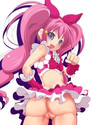 Rule 34 | 10s, 1girl, :d, ass, blue eyes, bow, braid, brooch, cleft of venus, crop top, cure melody, flat chest, frills, from behind, hair ribbon, hand on own hip, highres, houjou hibiki, jewelry, katori (mocchidou), long hair, looking back, magical girl, miniskirt, no panties, open mouth, pink bow, pink hair, precure, pussy, ribbon, skirt, smile, solo, suite precure, twintails, uncensored, wrist cuffs