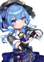 Rule 34 | 1girl, beret, black gloves, blue eyes, blue hair, blue nails, blue ribbon, closed mouth, commentary request, dress, gloves, grey dress, grey hat, hair ribbon, hat, highres, holding, holding microphone, hololive, hoshimachi suisei, hoshimachi suisei (1st costume), hototogisu (hot to gis), long hair, long sleeves, looking at viewer, microphone, nail polish, partially fingerless gloves, plaid, plaid dress, plaid skirt, pleated dress, ribbon, side ponytail, simple background, skirt, smile, solo, star (symbol), star in eye, symbol in eye, thighhighs, virtual youtuber, white background