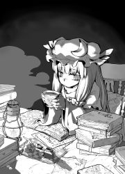Rule 34 | 1girl, absurdres, blowing, book, bow, chair, cold, crescent moon, cup, dark, desk, female focus, fingerless gloves, gloves, greyscale, hair bow, hat, highres, inkwell, lantern, long hair, long sleeves, magic circle, monochrome, moon, paper, patchouli knowledge, pen, robe, sitting, solo, steam, table, tea, teacup, touhou, ume (noraneko), wide sleeves