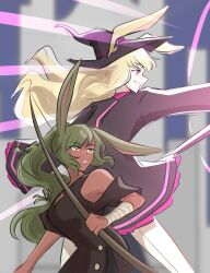 Rule 34 | 2girls, animal ears, arm wrap, black dress, blonde hair, blurry, blurry background, bow (weapon), breasts, castle, clothing cutout, commentary, cowboy shot, dark-skinned female, dark skin, dress, ears through headwear, english commentary, floating hair, green hair, grin, hat, high ponytail, highres, holding, holding bow (weapon), holding weapon, long hair, long sleeves, looking afar, looking to the side, magic, medium breasts, multiple girls, namelessakikaze, pink eyes, rabbit and steel, rabbit ears, rabbit girl, shoulder cutout, smile, sniper rabbit, tan, weapon, witch hat, wizard rabbit