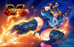 Rule 34 | 1girl, baseball cap, belt, blonde hair, blue thighhighs, boots, breasts, capcom, cleavage, cropped jacket, darkereve, eyewear on head, fingerless gloves, fire, flying kick, gloves, hat, highres, kicking, legs, logo, lucia morgan, muscular, muscular female, open mouth, police, police badge, police hat, police uniform, policewoman, street fighter, street fighter v, striped clothes, striped thighhighs, sunglasses, teeth, thick thighs, thighhighs, thighs, tongue, uniform