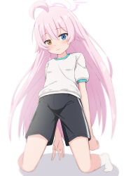 Rule 34 | 1girl, :3, ahoge, alternate costume, black shorts, blue archive, blue eyes, blush, breasts, closed mouth, collarbone, commentary, full body, gym shirt, gym uniform, hair between eyes, halo, heterochromia, highres, hoshino (blue archive), kneeling, long hair, looking at viewer, no shoes, pink hair, pink halo, puffy short sleeves, puffy sleeves, shirt, short sleeves, shorts, simple background, small breasts, socks, solo, takasuma hiro, white background, white shirt, white socks, yellow eyes