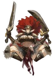 Rule 34 | 1girl, absurdres, amputee, armor, black eyes, breasts, cape, chinese commentary, clenched teeth, commentary request, double amputee, dual wielding, elden ring, fake horns, genderswap, genderswap (mtf), giant, giantess, gold armor, helmet, highres, holding, holding sword, holding weapon, horned helmet, horns, horse, large breasts, long hair, looking at viewer, miao jiangyou, midriff, no feet, red hair, shoulder armor, simple background, solo, starscourge radahn, sword, teeth, twin blades, weapon, white background