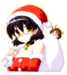Rule 34 | &gt;:d, &gt;:|, 2girls, :d, :|, animal costume, bare shoulders, bell, black hair, blush, choker, christmas, closed mouth, glasses, hat, houkago sensation!, mini person, minigirl, multiple girls, open mouth, reindeer costume, sack, santa costume, santa hat, short hair, shouna mitsuishi, smile, sweat, v-shaped eyebrows, wavy mouth, yellow eyes, | |