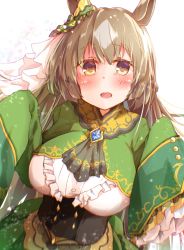 Rule 34 | 1girl, animal ears, blush, breasts, brown eyes, brown hair, center frills, commentary request, cropped jacket, frilled shirt, frilled sleeves, frills, green jacket, green skirt, hair between eyes, half updo, hands up, highres, horse ears, jacket, large breasts, long hair, looking at viewer, open mouth, rinrin (927413), satono diamond (umamusume), shirt, skirt, sleeves past fingers, sleeves past wrists, solo, umamusume, very long hair, white shirt, wide sleeves