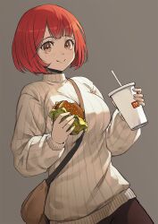 Rule 34 | 1girl, bag, blush, breasts, brown eyes, brown pants, closed mouth, cup, disposable cup, drinking straw, food, grey background, highres, holding, holding cup, holding food, jchoy, looking at viewer, mcdonald&#039;s, medium breasts, original, pants, red hair, ribbed sweater, short hair, shoulder bag, simple background, smile, solo, sweater, turtleneck, turtleneck sweater, white sweater