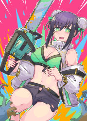 Rule 34 | 1girl, absurdres, bare shoulders, bikini, black hair, black shorts, blush, breasts, bun cover, chainsaw, cleavage, double bun, fate/grand order, fate (series), green bikini, green eyes, green ribbon, hair bun, highres, holding, holding chainsaw, jacket, large breasts, long sleeves, looking at viewer, navel, nazono77, off shoulder, open mouth, qin liangyu (chainsaw of the dead) (fate), qin liangyu (fate), ribbon, short shorts, shorts, sidelocks, solo, swimsuit, thighs, white jacket