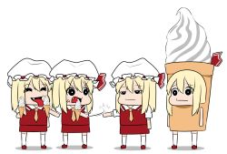 Rule 34 | 4girls, anger vein, angry, black eyes, blonde hair, bored, closed mouth, costume, flandre scarlet, food, food theft, full body, gingham (amalgam), hair between eyes, hat, highres, ice cream, ice cream cone, licking, medium hair, mob cap, multiple girls, sad, simple background, touhou, white background