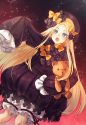 Rule 34 | 1girl, abigail williams (fate), black bow, black dress, black hat, blonde hair, bloomers, blue eyes, bow, bug, butterfly, commentary request, dress, dutch angle, fate/grand order, fate (series), forehead, hair bow, hat, highres, hugging object, insect, kitazume kumie, long hair, long sleeves, looking at viewer, open mouth, orange bow, outstretched arm, parted bangs, polka dot, polka dot bow, revision, sleeves past fingers, sleeves past wrists, solo, stuffed animal, stuffed toy, teddy bear, underwear, very long hair, white bloomers