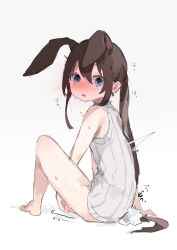Rule 34 | 1girl, amiya (arknights), animal ears, arknights, bare shoulders, barefoot, blue collar, blush, bottomless, brown hair, caught, collar, ears down, extra ears, female masturbation, full body, grey shirt, jewelry, long hair, looking at viewer, low ponytail, masturbation, motion lines, neck ring, object insertion, rabbit ears, rabbit girl, rabbit tail, ribbed shirt, sex toy, shirt, simple background, sketch, sleeveless, sleeveless shirt, solo, sweat, tail, thighs, trembling, unitedunti, vaginal, vaginal object insertion, very long hair, white background, white shirt
