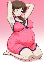 Rule 34 | 1girl, armpit hair, armpits, arms behind head, arms up, barefoot, blue eyes, blush, breasts, breasts apart, brown hair, choker, covered erect nipples, full body, gradient background, hair over shoulder, kawamoto akari, large breasts, lingerie, looking at viewer, low ponytail, navel, negligee, nipples, ponytail, pregnant, sangatsu no lion, see-through, seiza, sitting, smile, solo, sparkle, tenseiani, underwear
