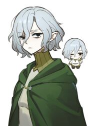 Rule 34 | 1boy, androgynous, black eyes, chibi, chibi inset, cloak, commentary, dungeon meshi, elf, expressionless, from side, green cloak, grey hair, hair between eyes, half-closed eye, high collar, highres, looking at viewer, male focus, mithrun, no pupils, one eye closed, pointy ears, short hair, simple background, solo, swept bangs, symbol-only commentary, uneven eyes, upper body, white background, wuliu heihuo