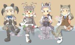 Rule 34 | 10s, 4girls, animal ears, bitashinmi, blush, boots, brown eyes, crossed legs, donkey (kemono friends), eastern wolf (kemono friends), fang, feet, green eyes, grey eyes, grey hair, heterochromia, holding, holding shoes, kemono friends, looking at viewer, multicolored hair, multiple girls, open mouth, ponytail, red eyes, reindeer (kemono friends), scaly-tailed possum (kemono friends), shoes, unworn shoes, sitting, smell, smile, soles, steam, twintails, two-tone hair