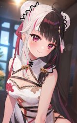 Rule 34 | 1girl, ahoge, aria (ariacue), bell, black hair, blunt bangs, blush, breasts, bun cover, china dress, chinese clothes, cleavage, cleavage cutout, clothing cutout, cross-laced slit, double bun, dress, floral print, hair bell, hair bun, hair ornament, hair ribbon, highres, indoors, jingle bell, lace trim, lens flare, long hair, medium breasts, multicolored hair, navel cutout, nijisanji, official alternate costume, official alternate hairstyle, pelvic curtain, plant, red eyes, red hair, red ribbon, ribbon, side slit, sidelocks, smile, solo, split-color hair, streaked hair, two-tone hair, underwear, virtual youtuber, white dress, white hair, window, yorumi rena, yorumi rena (10th costume)