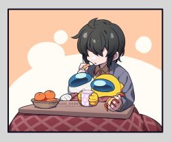 Rule 34 | 3others, ahoge, among us, androgynous, bowl, brown hair, commentary request, crewmate (among us), cup, disembodied hand, eating, faceless, food, fruit, helmet, highres, kiman, kotatsu, mandarin orange, multiple others, short hair, sitting, sitting on lap, sitting on person, space helmet, spacesuit, sweater, table, they (kiman), twitter username, under kotatsu, under table, watermark, white (among us), yellow (among us)