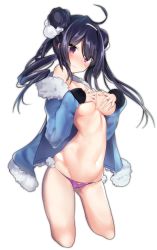 Rule 34 | 1girl, 3:, azur lane, bare shoulders, bikini, bikini bottom only, black hair, blue jacket, blush, breasts, closed mouth, covering privates, covering breasts, cowboy shot, cropped legs, double bun, fur-trimmed jacket, fur trim, hair bun, hair ornament, hairband, harenchi, head tilt, jacket, large breasts, long hair, navel, ning hai (azur lane), off shoulder, purple bikini, purple eyes, side bun, simple background, solo, swimsuit, twintails, very long hair, white background, white hairband