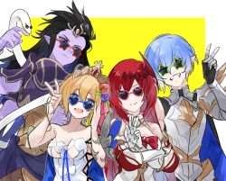 Rule 34 | 2boys, 2girls, armor, bare shoulders, black hair, blonde hair, blue hair, bow, bowtie, breastplate, breasts, cape, cleavage, clenched teeth, closed mouth, colored skin, crossed arms, detached collar, dress, europa (granblue fantasy), flower, gauntlets, godsworn alexiel, granblue fantasy, grimnir (granblue fantasy), hair flower, hair ornament, hand up, heart, heart-shaped pupils, highres, long hair, looking over eyewear, multiple boys, multiple girls, open mouth, pointy ears, purple skin, red hair, round eyewear, shiva (granblue fantasy), short hair, small breasts, smile, snake, star-shaped eyewear, star (symbol), sunglasses, symbol-shaped pupils, teeth, tiara, upper body, v, white dress, yakota (usuk-yako)