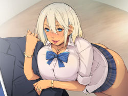 Rule 34 | 1girl, :p, arm around another, ass, blonde hair, blue eyes, blue neckwear, blush, bow, bowtie, breast press, breasts, cleavage, earrings, feet out of frame, from above, hair between eyes, huge breasts, indoors, jewelry, legs, looking at viewer, lots of jewelry, miniskirt, naughty face, open mouth, original, parted lips, school uniform, short hair, simple background, skirt, sleeves rolled up, smile, standing, thighs, tongue, tongue out, yoko juusuke