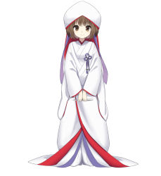 Rule 34 | 1girl, brown eyes, brown hair, character request, dog god, dress, full body, highres, holding, hood, japanese clothes, kimono, long sleeves, looking at viewer, matching hair/eyes, official art, short hair, simple background, smile, solo, uchikake, white background, youkai hyakki-tan!