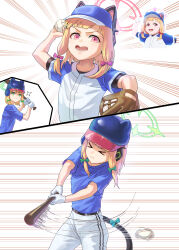 Rule 34 | &gt; &lt;, 2girls, absurdres, animal ear headphones, animal ears, baseball, baseball (object), baseball bat, baseball cap, baseball glove, baseball helmet, baseball uniform, batting stance, blonde hair, blue archive, blue shirt, bow, cat ear headphones, cat ears, cat tail, fake animal ears, gloves, green bow, green eyes, green halo, hair bow, halo, hat, headphones, helmet, highres, holding, holding baseball bat, ksksksa, low-tied sidelocks, midori (blue archive), momoi (blue archive), multiple girls, open mouth, pants, pink bow, pink eyes, pink halo, pitching, shirt, siblings, sisters, sportswear, tail, twins, white gloves, white pants, white shirt