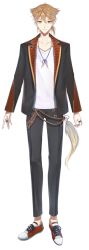 Rule 34 | 1boy, black jacket, black legwear, black pants, brown hair, closed mouth, collarbone, full body, fushimi gaku, hair between eyes, highres, hoojiro, jacket, jewelry, looking at viewer, mole, mole under eye, necklace, nijisanji, official art, pants, red footwear, ring, shoes, smile, sneakers, standing, straight-on, tachi-e, tail, tail ornament, transparent background, virtual youtuber, yellow eyes