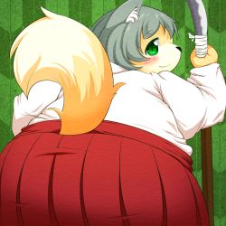 Rule 34 | 1girl, animal ears, belly rub, black hair, brushing, concon-collector, fat, fox ears, fox tail, furry, furry female, green eyes, highres, image sample, original, pixiv sample, polearm, radio (radio-tou), smile, solo, spear, tail, weapon