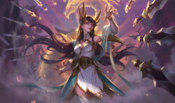 Rule 34 | 1girl, alternate costume, armor, armored dress, armpits, bare shoulders, blue eyes, breasts, brown hair, building, chenbo, cleavage, cloud, collarbone, commentary, detached sleeves, divine sword irelia, dragon, dress, earrings, eastern dragon, english commentary, eyeshadow, floating hair, flower, hair between eyes, hair ornament, highres, house, incoming attack, irelia, jewelry, league of legends, light, long hair, looking to the side, lotus, makeup, medium breasts, multiple swords, official alternate costume, official art, outdoors, outstretched arm, petals, pink flower, pink lips, sky, smile, solo, standing, sword, thighhighs, weapon, white dress, white sleeves, white thighhighs