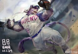 Rule 34 | 1boy, absurdres, alternate costume, bara, baseball, baseball cap, baseball glove, baseball uniform, bing ya, blurry, blurry background, bulge, commission, diamond (shape), facial hair, forked eyebrows, full body, furry, furry male, goatee, hat, highres, large pectorals, long hair, male focus, motion lines, multicolored hair, muscular, muscular male, original, pectorals, ponytail, purple fur, sadiend, solo, sportswear, streaked hair, thick eyebrows, tiger boy, two-tone fur, white hair