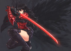 Rule 34 | 1girl, armor, black hair, boots, commentary request, drill (emilio), fighting stance, gauntlets, katana, long hair, mature female, miniskirt, negative space, ootachi, raven branwen, red eyes, rwby, skirt, sword, thigh boots, thighhighs, weapon