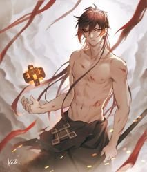 Rule 34 | 1boy, abs, black hair, blood, blood on hands, blood stain, bloody weapon, brown hair, cloud, cloud background, cloudy sky, collarbone, earrings, floating, floating object, genshin impact, hair between eyes, highres, injury, jewelry, kezi, long hair, looking at viewer, male focus, multicolored hair, navel, open mouth, rock, single earring, skirt, sky, solo, topless male, weapon, yellow eyes, zhongli (genshin impact)