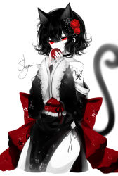 Rule 34 | 1girl, absurdres, animal ears, artist name, bare shoulders, black hair, bug, butterfly, cat ears, cat tail, choker, commentary, cowboy shot, cropped legs, eyelashes, floral print, flower, hair between eyes, hair flower, hair ornament, hands up, highres, holding, insect, japanese clothes, kimono, limited palette, nail polish, obi, off shoulder, original, pelvic curtain, red eyes, red flower, red nails, red rose, red sash, rose, sash, sheya, short hair, signature, simple background, solo, spot color, standing, tail, thighs, white background