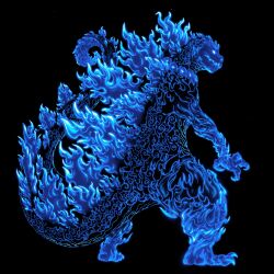 Rule 34 | black background, blue eyes, blue fire, blue theme, claws, closed mouth, commentary, dan dagouglas, english commentary, fire, full body, glowing, glowing eyes, godzilla, godzilla: king of the monsters, godzilla (series), highres, jewelry, kaijuu, legendary pictures, magatama, monsterverse, necklace, no humans, simple background, solo, spines, standing, toho, whorled clouds