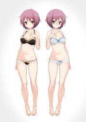 Rule 34 | 2girls, barefoot, black bra, bra, collarbone, commentary, dual persona, english commentary, full body, glasses, highres, lace, lace-trimmed bra, lace-trimmed panties, lace trim, looking at viewer, multiple girls, nagato yuki, nanabuluku, navel, panties, plaid, plaid bra, plaid panties, purple hair, short hair, simple background, standing, suzumiya haruhi no shoushitsu, suzumiya haruhi no yuuutsu, underwear, underwear only, white background, white bra, white panties
