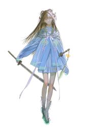 Rule 34 | 1girl, blue dress, blue eyes, blue jacket, brown hair, closed mouth, dress, drop earrings, earrings, full body, green footwear, hair ornament, hair rings, hairpin, highres, holding, holding sword, holding weapon, illumi999, jacket, jewelry, katana, long hair, long sleeves, looking at viewer, original, pink ribbon, ribbon, see-through footwear, sheath, sheathed, simple background, sleeves past fingers, sleeves past wrists, socks, solo, sword, tachi-e, tassel, weapon, white background, white socks