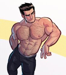 Rule 34 | 1boy, abs, bara, black hair, black pants, chest hair, closed mouth, facial hair, highres, large pectorals, lucas lee, male focus, muscular, muscular male, navel, nipples, pants, pectorals, scott pilgrim (series), scott pilgrim takes off, short hair, simple background, solo, thedamnthinguy, topless male