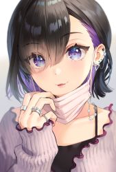 Rule 34 | 1girl, ancotaku, asymmetrical bangs, black hair, black tank top, bob cut, colored inner hair, ear piercing, earrings, eyelashes, eyes visible through hair, hair between eyes, hand up, highres, jewelry, long bangs, looking at viewer, mask, mask pull, multicolored hair, multiple rings, open mouth, original, piercing, pink mask, purple eyes, purple hair, purple sweater, ring, short hair, simple background, smile, solo, spaghetti strap, sweater, tank top, upper body