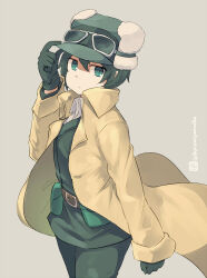 Rule 34 | 1girl, arm up, belt, belt buckle, brown belt, brown coat, buckle, closed mouth, coat, fur-trimmed headwear, fur trim, gloves, goggles, goggles on headwear, green eyes, green gloves, green hair, green headwear, green jacket, green pants, grey background, hand on headwear, hand up, jacket, kino (kino no tabi), kino no tabi, kuromiya, long sleeves, looking at viewer, one-hour drawing challenge, open clothes, open coat, pants, reverse trap, short hair, simple background, sleeves past wrists, solo, twitter username