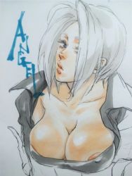 Rule 34 | 1girl, angel (kof), breasts, character name, cleavage, hair over one eye, hr66612, large breasts, snk, the king of fighters, white hair