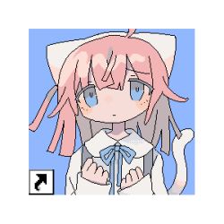 Rule 34 | 1girl, ahoge, animal ears, blue background, blue eyes, blue ribbon, border, cat ears, cat girl, cat tail, closed mouth, collared shirt, daizu (melon-lemon), dithering, expressionless, fake animal ears, icon (computing), jaggy lines, long sleeves, looking at viewer, medium hair, neck ribbon, original, pink hair, pixel art, ribbon, shirt, simple background, sleeves past wrists, solo, straight-on, tail, tail raised, tareme, upper body, white border, white shirt
