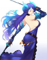 Rule 34 | 1girl, ass, back, backless dress, backless outfit, bare shoulders, blue hair, breasts, brighid (xenoblade), closed eyes, collarbone, dress, dual wielding, fire, gloves, gradient hair, holding, large breasts, long hair, multicolored hair, negresco, nintendo, purple hair, sideboob, simple background, solo, sword, weapon, xenoblade chronicles (series), xenoblade chronicles 2