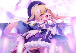Rule 34 | 1girl, :d, blonde hair, blue skirt, blush, bow, bowtie, cowboy shot, fangs, fingernails, from behind, hand on own cheek, hand on own face, hand up, hat, heart, heart-shaped pupils, high-waist skirt, highres, holding, holding microphone, long hair, looking at viewer, looking back, microphone, nail polish, open mouth, purple bow, purple bowtie, purple eyes, purple hat, purple nails, purple thighhighs, re:act, skin fangs, skirt, smile, symbol-shaped pupils, thighhighs, tsukushi aria, twintails, utsusumi kio, virtual youtuber